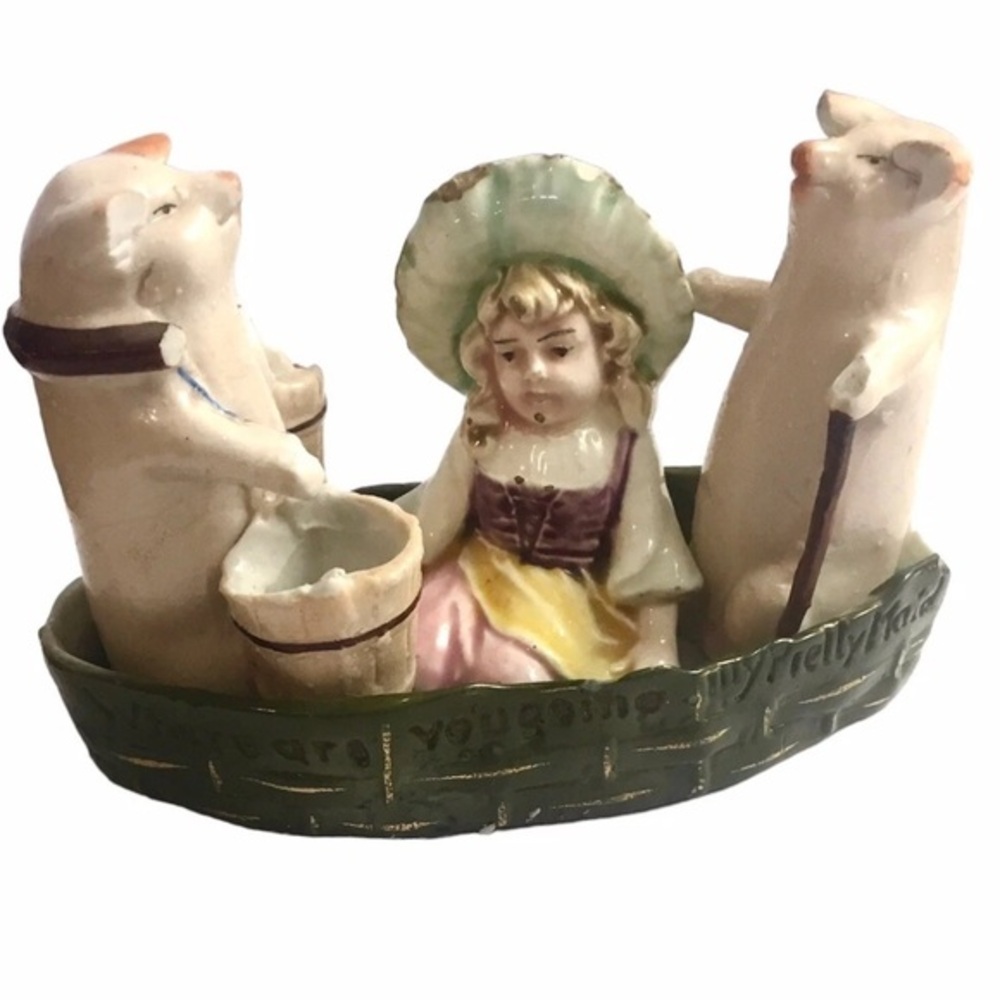 FAIRING PIGS & GIRL RARE ANTIQUE GERMAN IN A BOAT OLD Ceramic